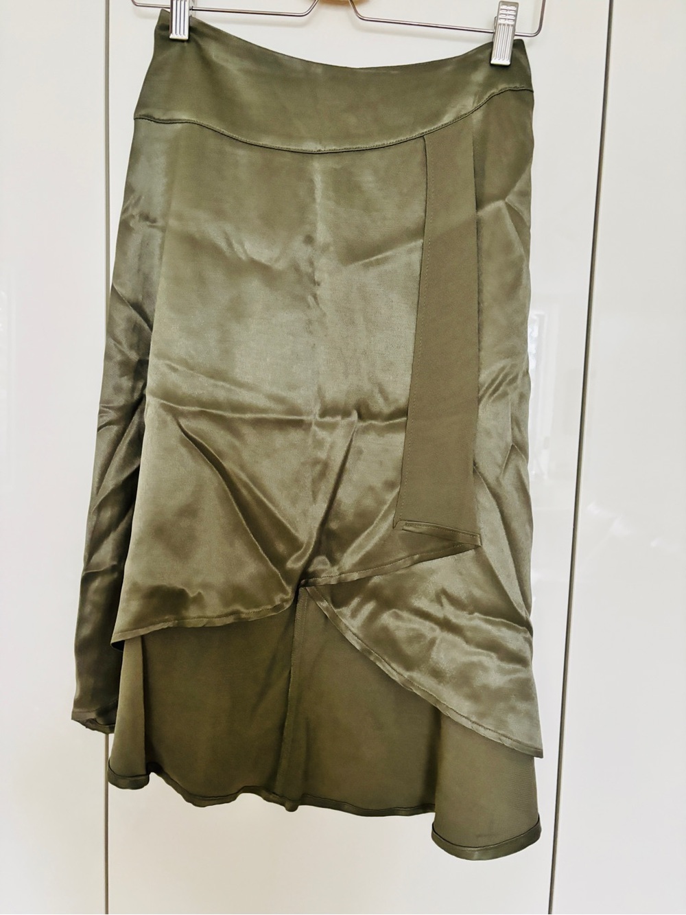 Zara Olive Satin Asymmetric Layered Midi Skirt
